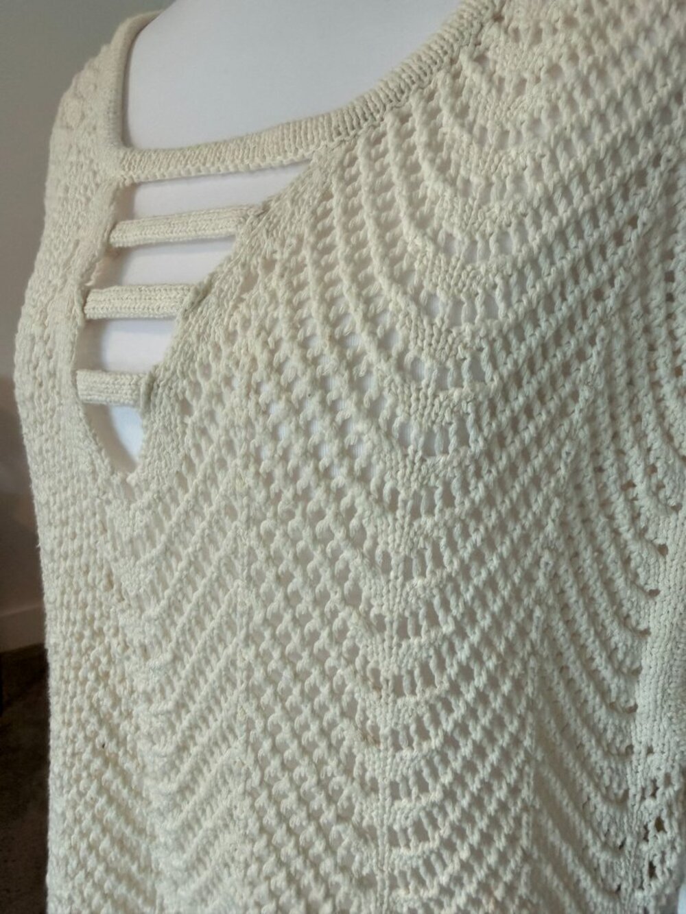 Crochet Knit Swim Cover Up Open Back Cream Boho Beach Top Size M - Picture 2 of 5